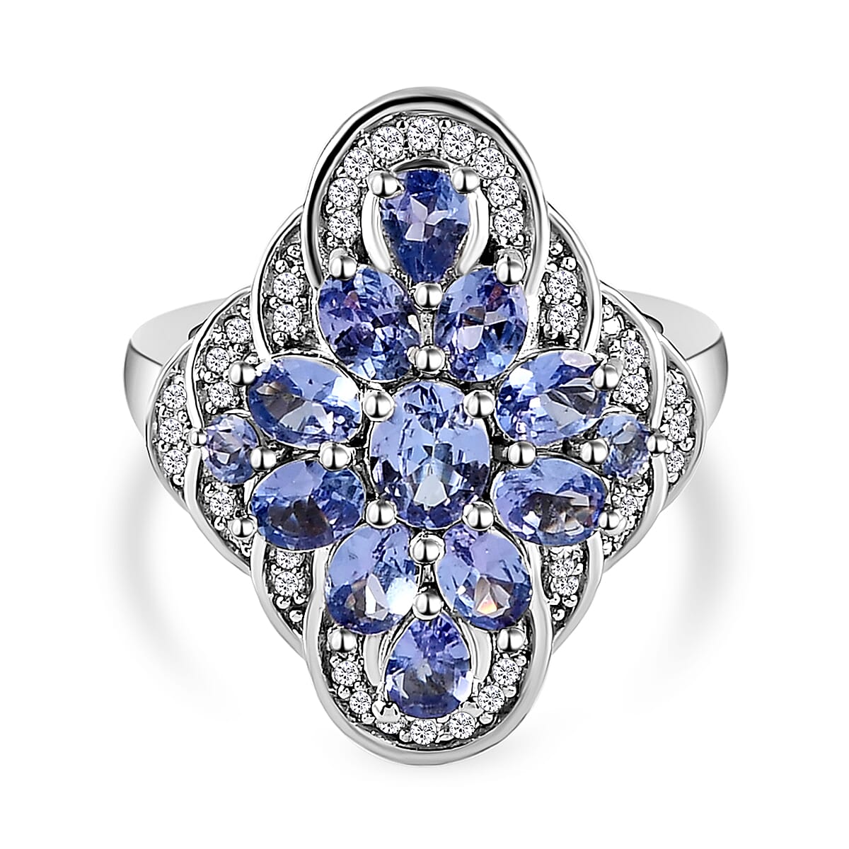 Tanzanite, White Zircon Ring in Platinum Over Sterling Silver (Size 11.5) 2.56 ctw